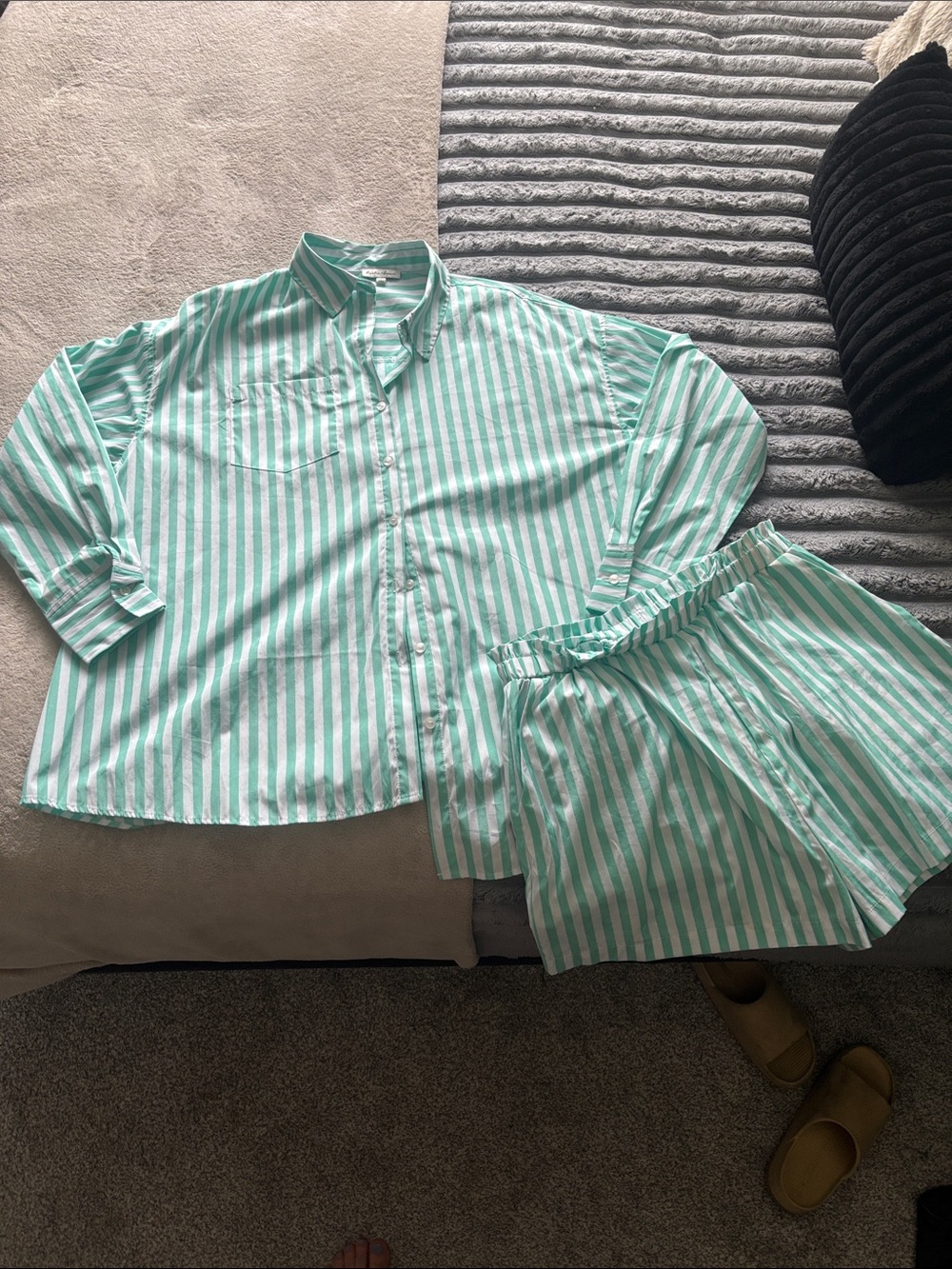Women’s Mint Green Stripe set— Lightweight Button-Up Top & Shorts